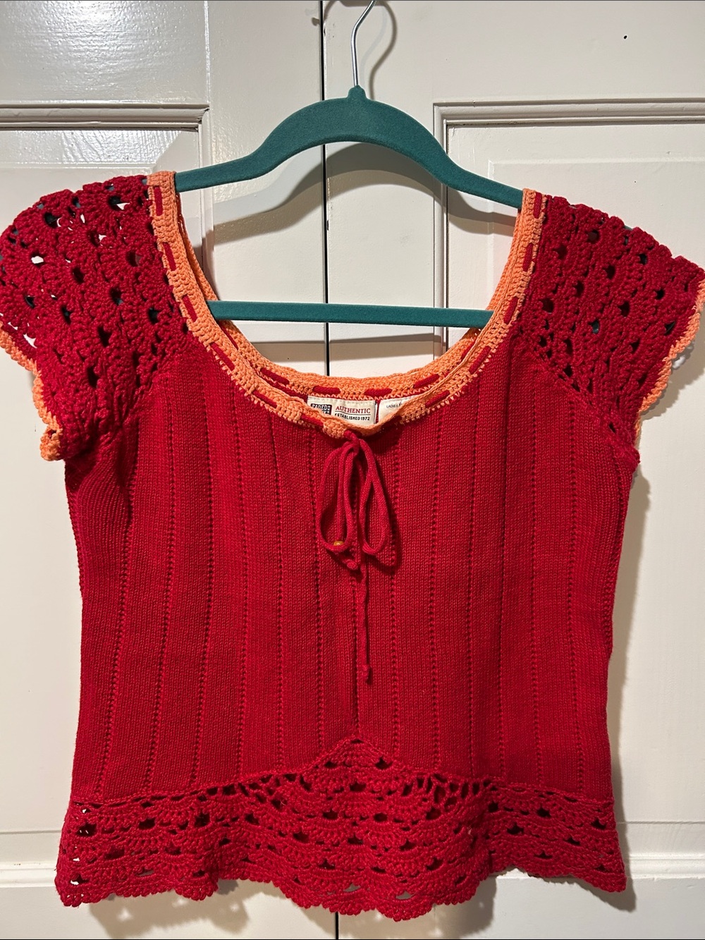 Faded Glory Red Knit Crochet-Trim Camisole with Orange Accents